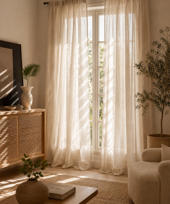 Linen Curtain – Beige Patterned Voile
